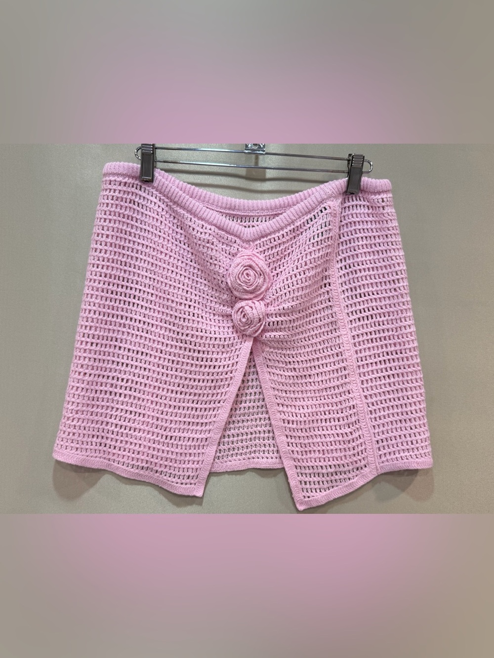 Shade & Shore Pink Crochet Open-Front Cardigan with Rosette Accents